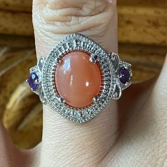 Natural Peach Moonstone African Amethyst Sterling Silver Ring Size 7